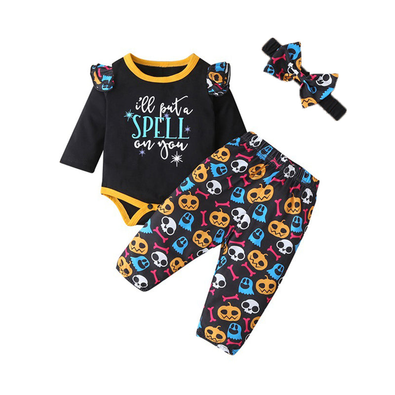 3 Pieces Set Baby Girls Halloween Letters Print Rompers And Plant Pants And Bow Headwear Wholesale 220610595