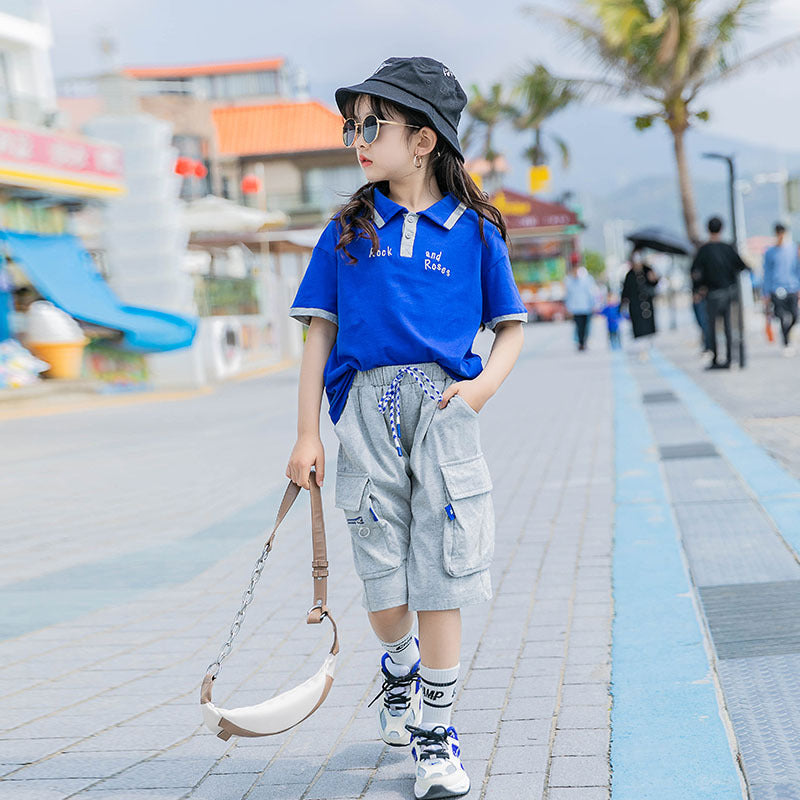 2 Pieces Set Kid Big Kid Girls Letters Embroidered T-Shirts And Solid Color Shorts Wholesale 22061074