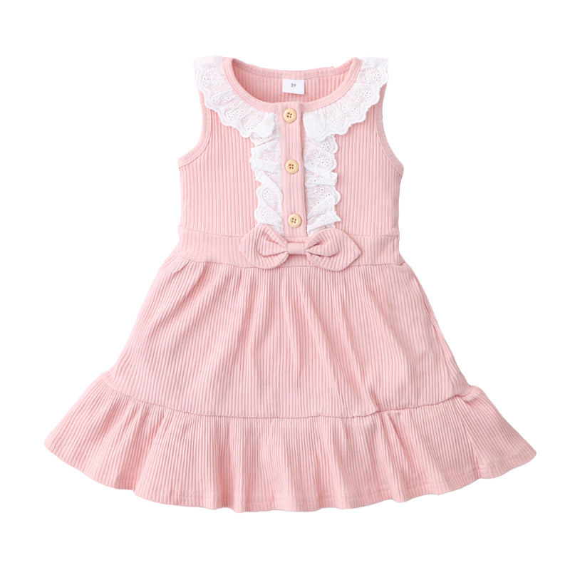 Baby Kid Girls Bow Muslin&Ribbed Dresses Wholesale 22061078
