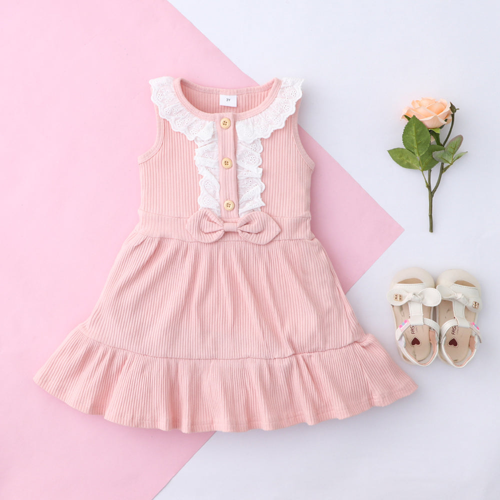 Baby Kid Girls Bow Muslin&Ribbed Dresses Wholesale 22061078