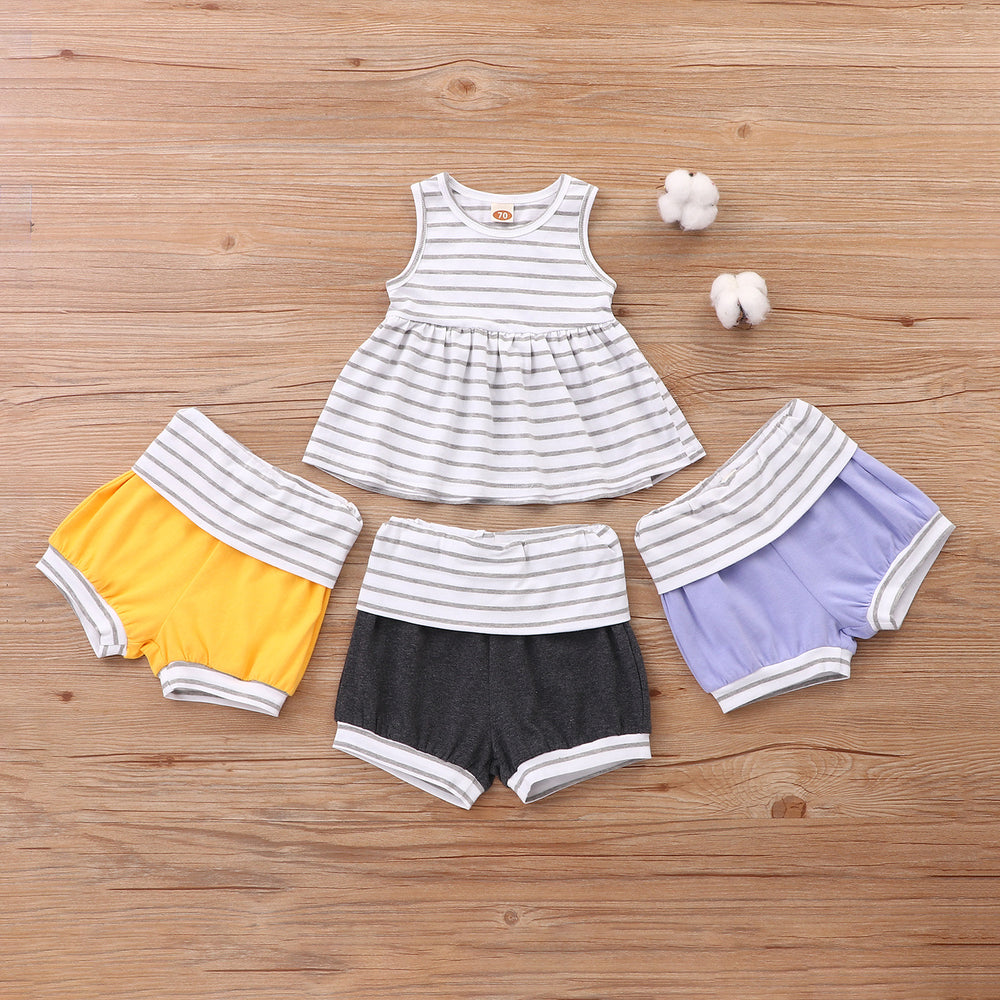 2 Pieces Set Baby Kid Girls Striped Print Dresses And Shorts Wholesale 22061091