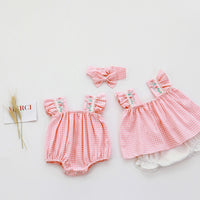 Load image into Gallery viewer, Baby Girls Flower Checked Embroidered Rompers Wholesale 220613314
