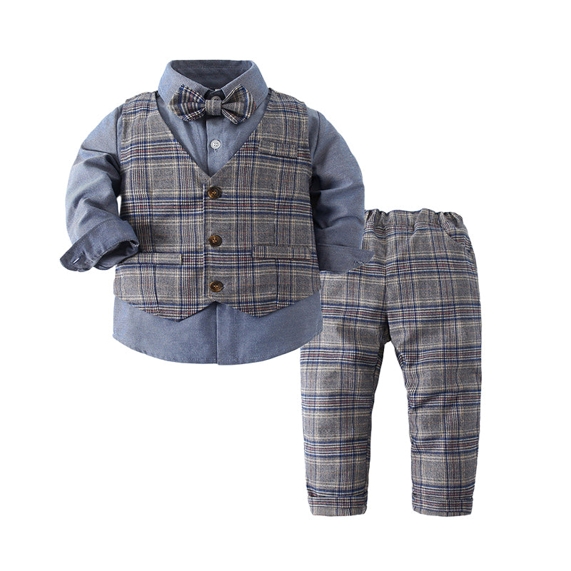 3 Pieces Set Baby Kid Boys Birthday Party Solid Color Bow Shirts Checked Vests Waistcoats And Pants Wholesale 220613315