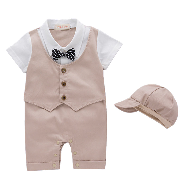 Baby Boys Solid Color Bow Dressy Rompers And Hats Wholesale 22061609