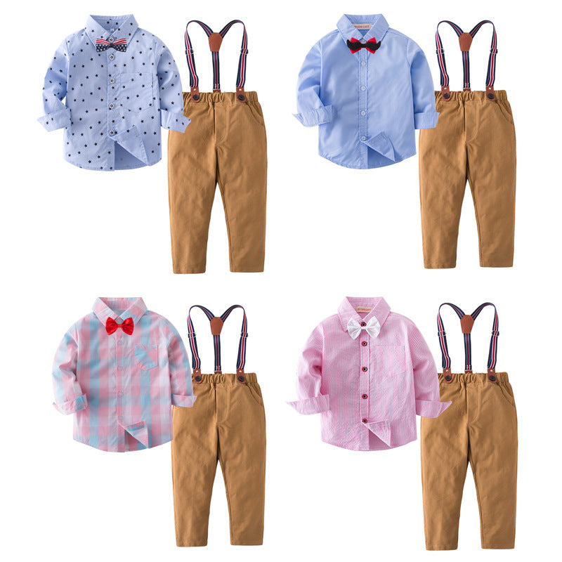 2 Pieces Set Baby Kid Boys Birthday Party Checked Star Bow Shirts And Solid Color Jumpsuits Wholesale 220616110