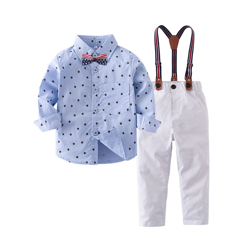 2 Pieces Set Baby Kid Boys Birthday Party Striped Checked Star Bow Shirts And Solid Color Jumpsuits Wholesale 220616114