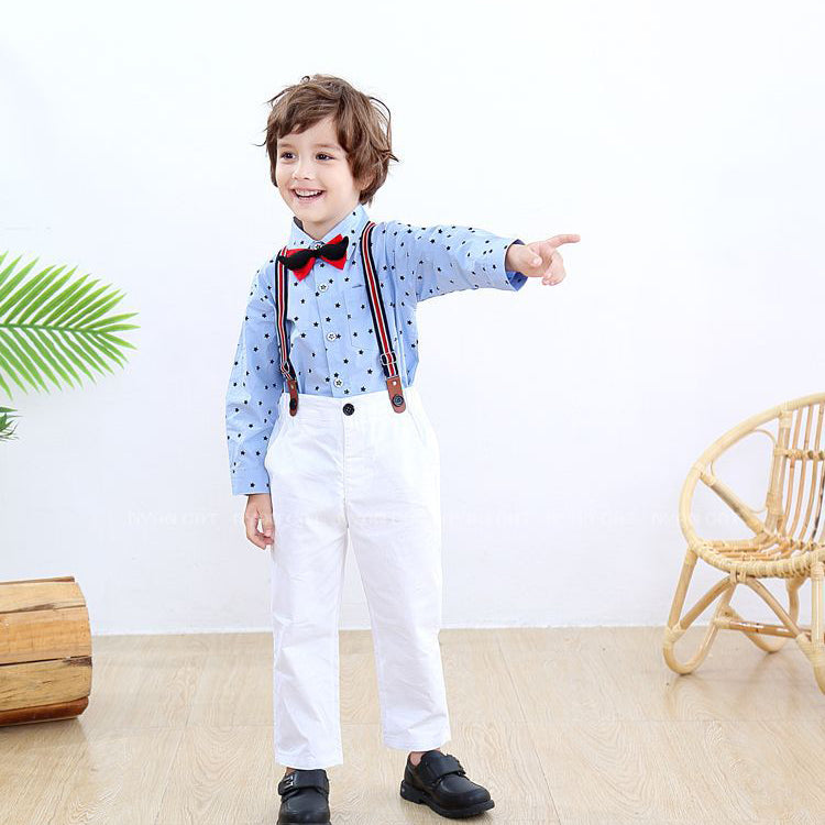 2 Pieces Set Baby Kid Boys Birthday Party Striped Checked Star Bow Shirts And Solid Color Jumpsuits Wholesale 220616114