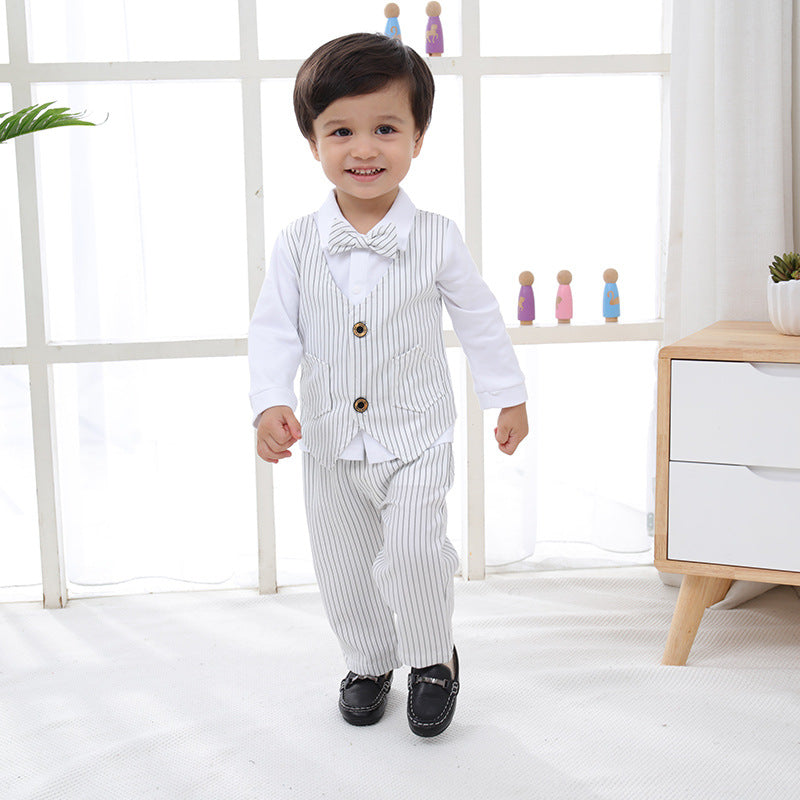 3 Pieces Set Baby Kid Boys Birthday Party Solid Color Bow Shirts Striped Vests Waistcoats And Pants Wholesale 220616115