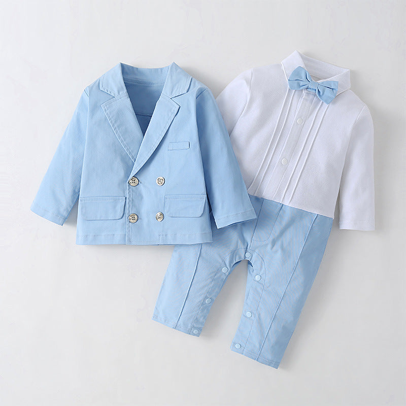 2 Pieces Set Baby Boys Birthday Party Color-blocking Bow Jumpsuits And Solid Color Blazers Wholesale 220616119