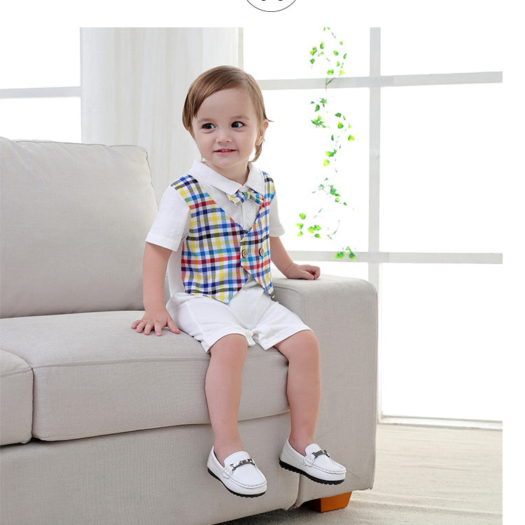 Baby Boys Striped Checked Bow Dressy Rompers And Hats Wholesale 22061612