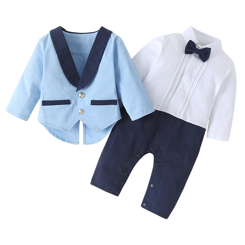 2 Pieces Set Baby Boys Dressy Birthday Party Color-blocking Bow Jumpsuits And Blazers Wholesale 220616121