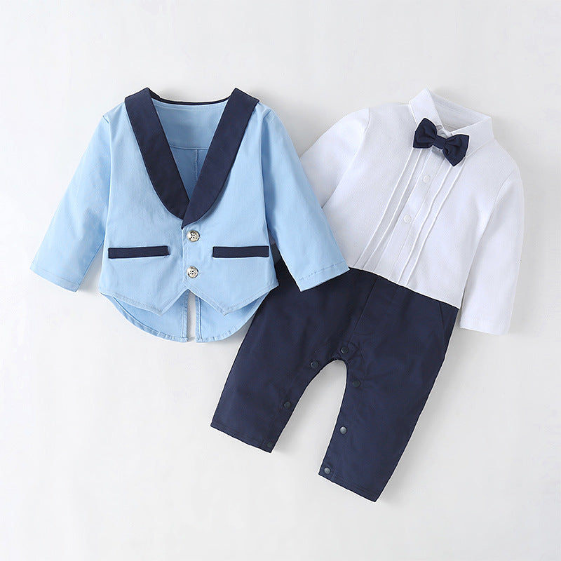 2 Pieces Set Baby Boys Dressy Birthday Party Color-blocking Bow Jumpsuits And Blazers Wholesale 220616121