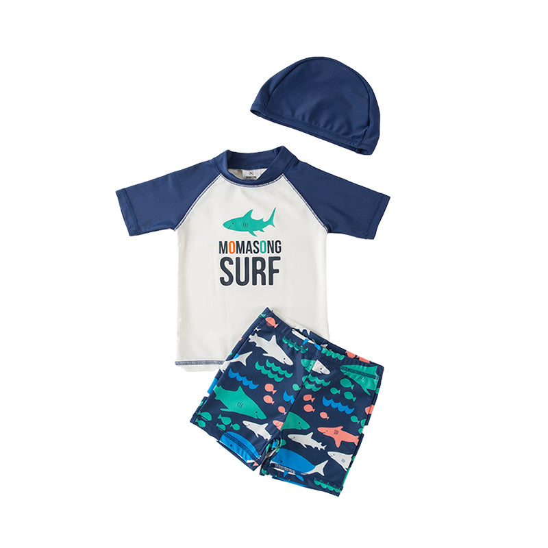 3 Pieces Set Baby Kid Boys Beach Letters Print T-Shirts And Animals Cartoon Shorts And Swimwears Hats Wholesale 220616173