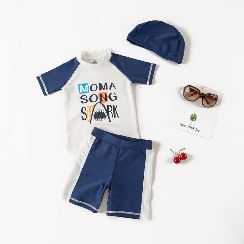 3 Pieces Set Baby Kid Boys Beach Letters Animals Cartoon Print T-Shirts And Striped Shorts Swimwears And Hats Wholesale 220616174