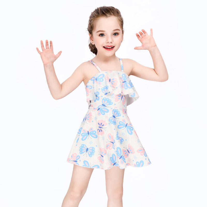 3 Pieces Set Baby Kid Girls Beach Butterfly Animals Print Dresses And Shorts And Swimwears Hats Wholesale 220616178