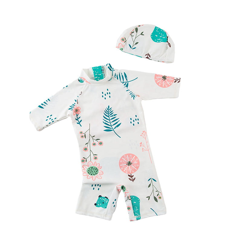 Baby Kid Girls Flower Print Beach Jumpsuits Swimwears Accessories Hats Wholesale 220616220