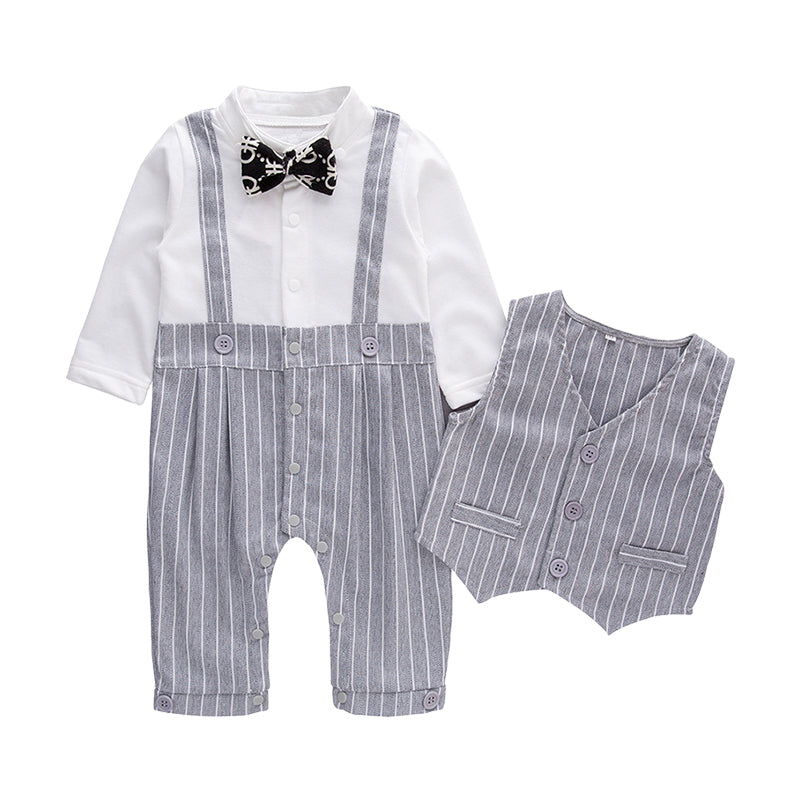 2 Pieces Set Baby Boys Striped Bow Jumpsuits And Vests Waistcoats Wholesale 22061625