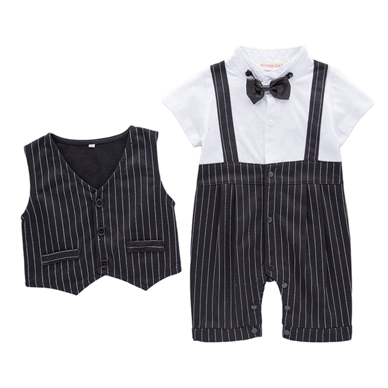 2 Pieces Set Baby Boys Striped Bow Print Rompers And Vests&Waistcoats Wholesale 22061627