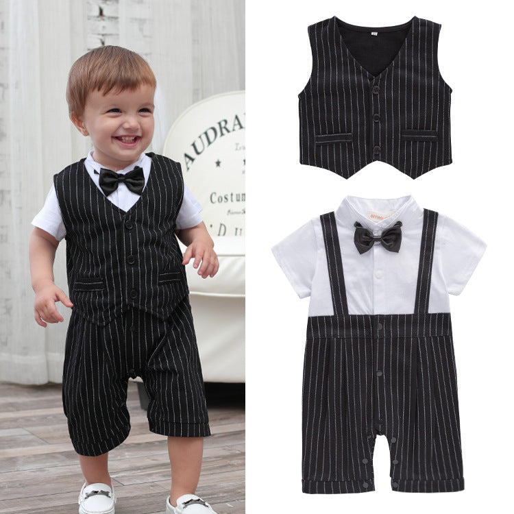 2 Pieces Set Baby Boys Striped Bow Print Rompers And Vests&Waistcoats Wholesale 22061627