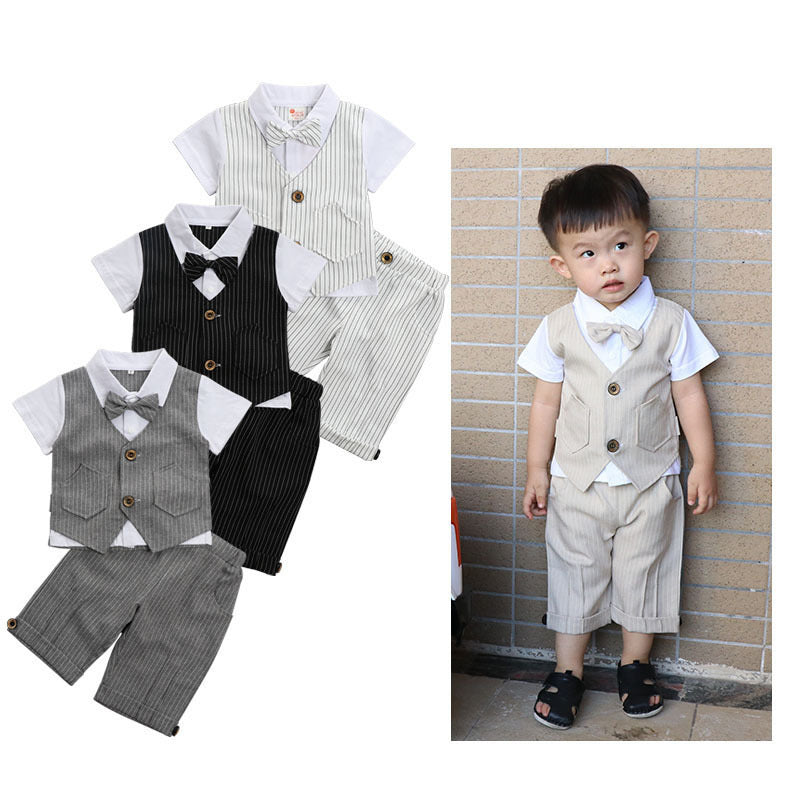 2 Pieces Set Baby Kid Boys Striped Bow Print Shirts And Shorts Wholesale 220616270