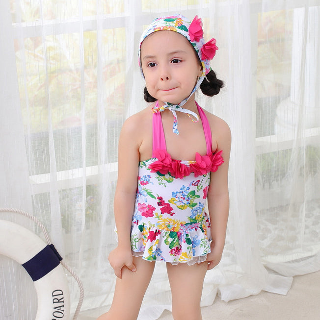 Baby Kid Girls Flower Print Beach Swimwears Hats Wholesale 22061628