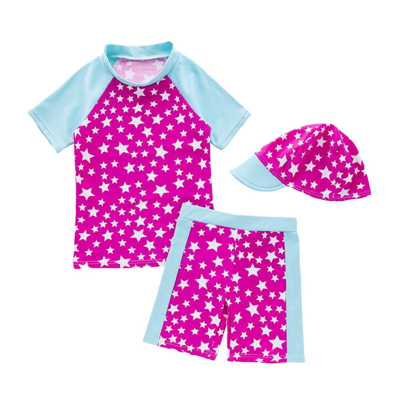 3 Pieces Set Baby Kid Girls Color-blocking Star Print Tops Shorts And Swimwears Hats Wholesale 22061630