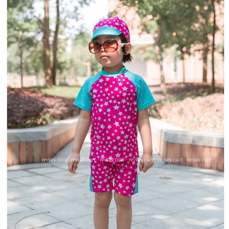 3 Pieces Set Baby Kid Girls Color-blocking Star Print Tops Shorts And Swimwears Hats Wholesale 22061630