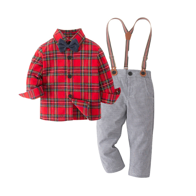 2 Pieces Set Baby Kid Boys Checked Bow Print Shirts And Pants Wholesale 220616303