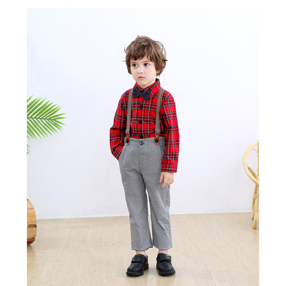 2 Pieces Set Baby Kid Boys Checked Bow Print Shirts And Pants Wholesale 220616303