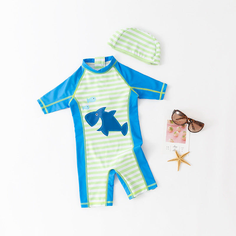 Baby Kid Boys Striped Color-blocking Animals Cartoon Print Beach Rompers Swimwears Wholesale 220616332