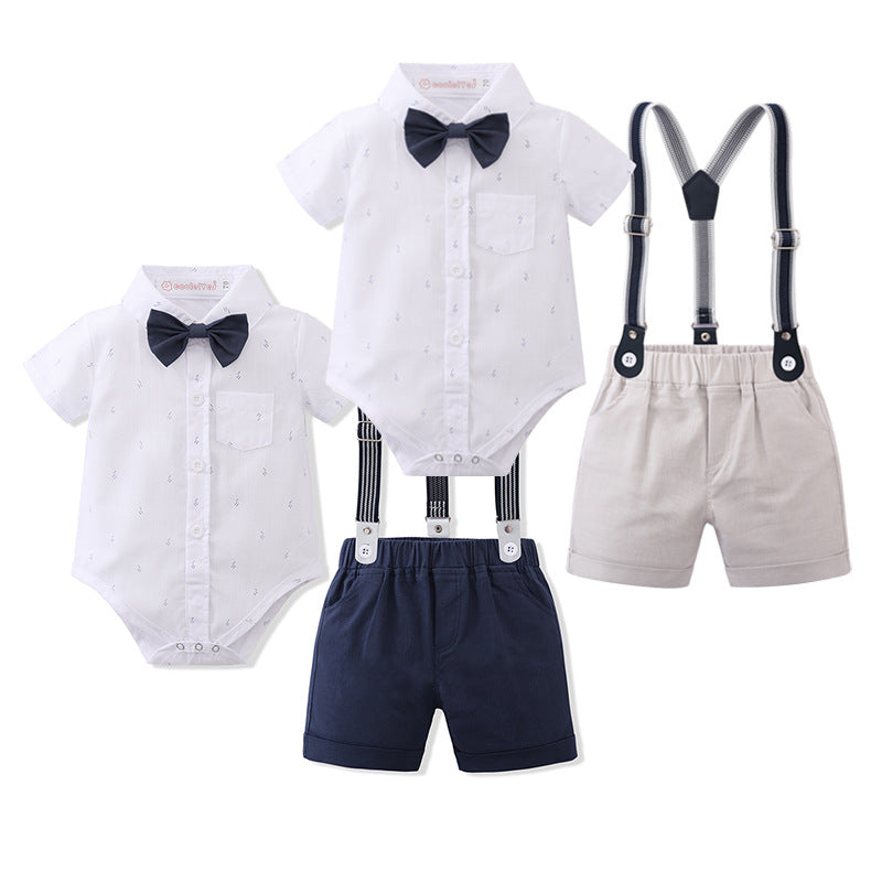 2 Pieces Set Baby Kid Boys Birthday Party Bow Print Shirts And Solid Color Rompers Wholesale 220616401