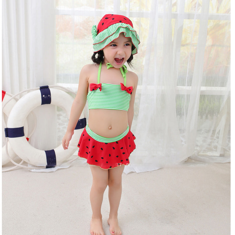 3 Pieces Set Baby Kid Girls Striped Bow Print Tank Tops Shorts And Hats Swimwears Wholesale 22061641