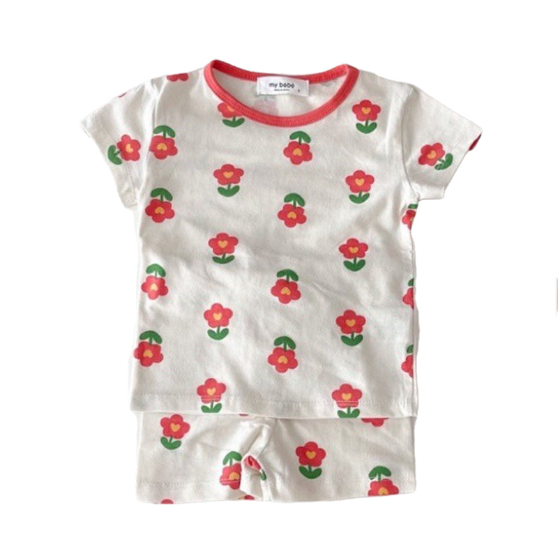 2 Pieces Set Baby Kid Unisex Flower Animals Print T-Shirts And Shorts Sleepwears Wholesale 220616483