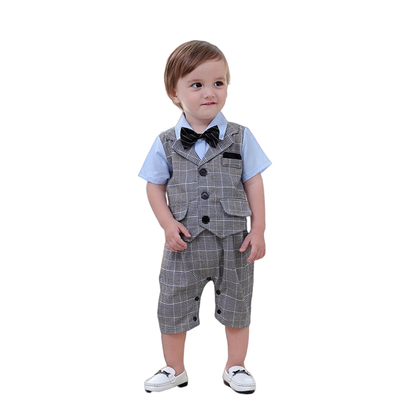 Baby Boys Color-blocking Checked Bow Print Rompers Wholesale 22061650