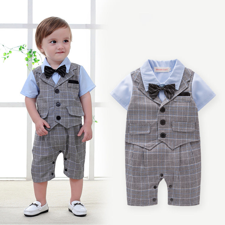 Baby Boys Color-blocking Checked Bow Print Rompers Wholesale 22061650