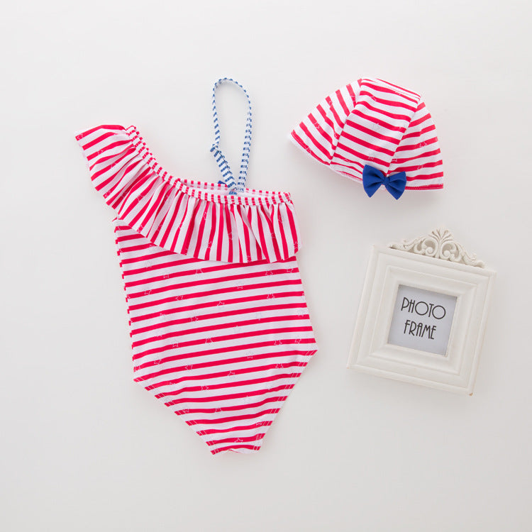 Baby Kid Girls Striped Star Bow Print Swimwears Wholesale 22061652