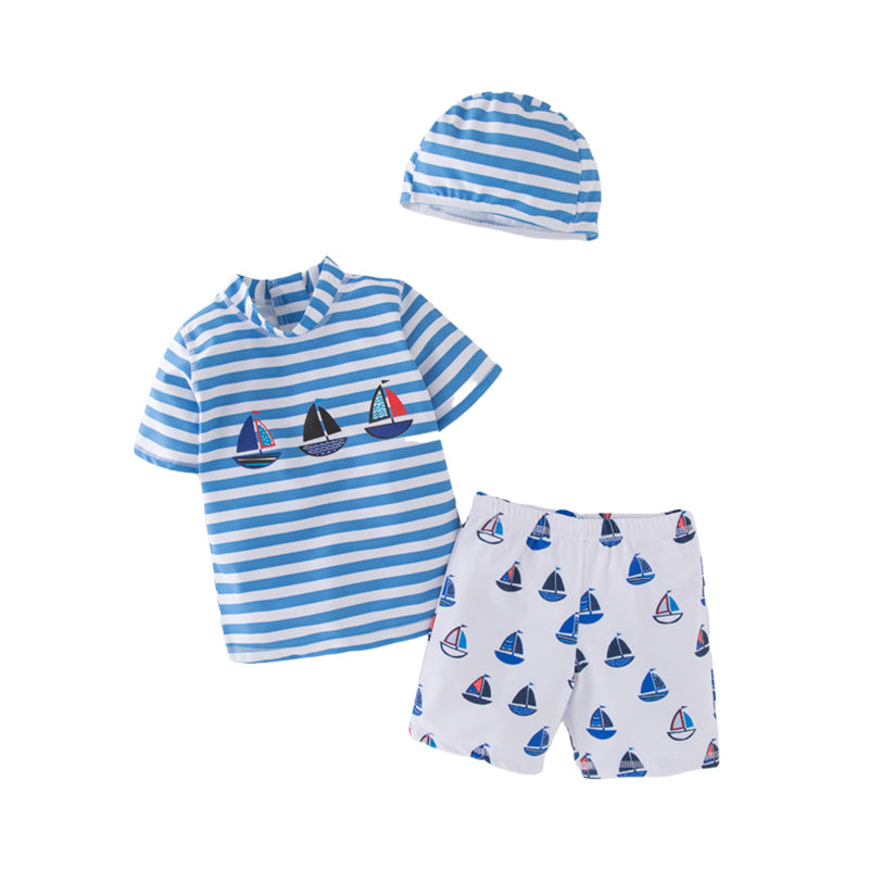 3 Pieces Set Kid Boys Beach Striped Print Tops Cartoon Shorts And Hats Wholesale 22061657