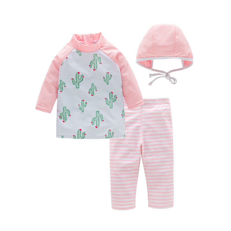 3 Pieces Set Kid Girls Beach Plant Print Tops Striped Pants And Solid Color Hats Wholesale 22061665