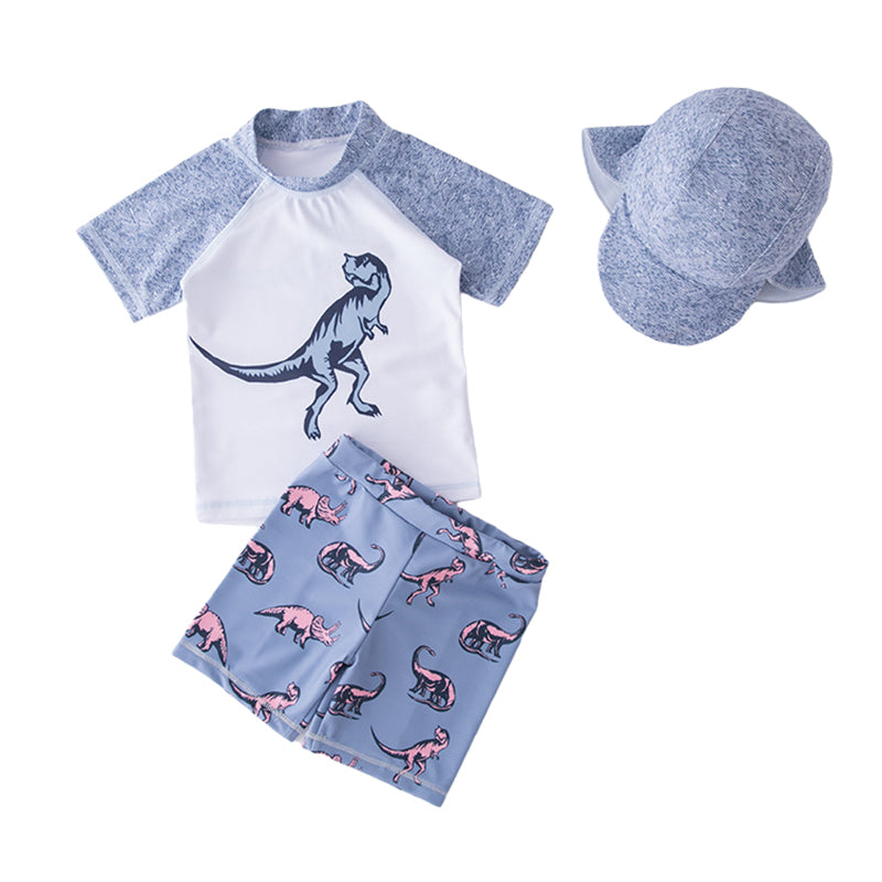 3 Pieces Set Baby Kid Boys Beach Color-blocking Dinosaur Print Tops And Shorts And Hats Wholesale 22061685