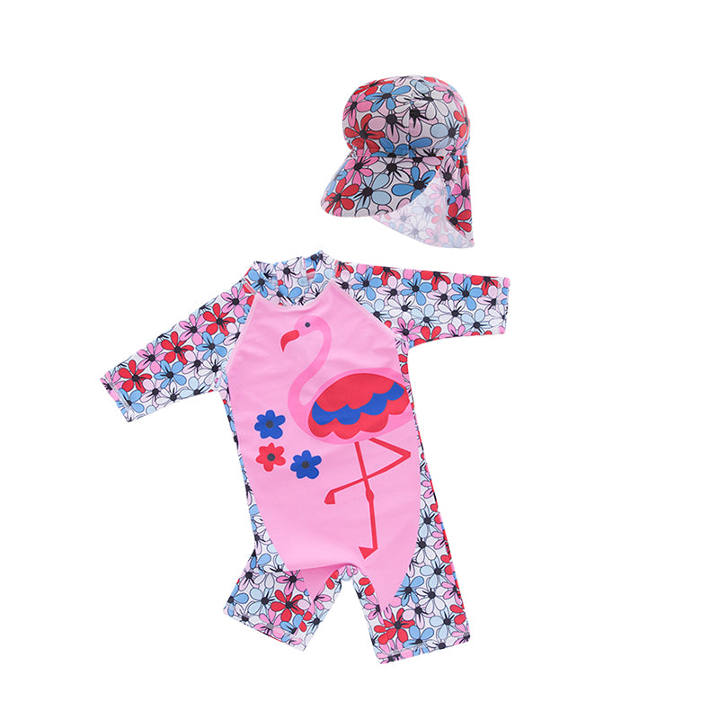 Baby Kid Girls Flower Flamingo Print Beach Jumpsuits Swimwears Wholesale 22061690