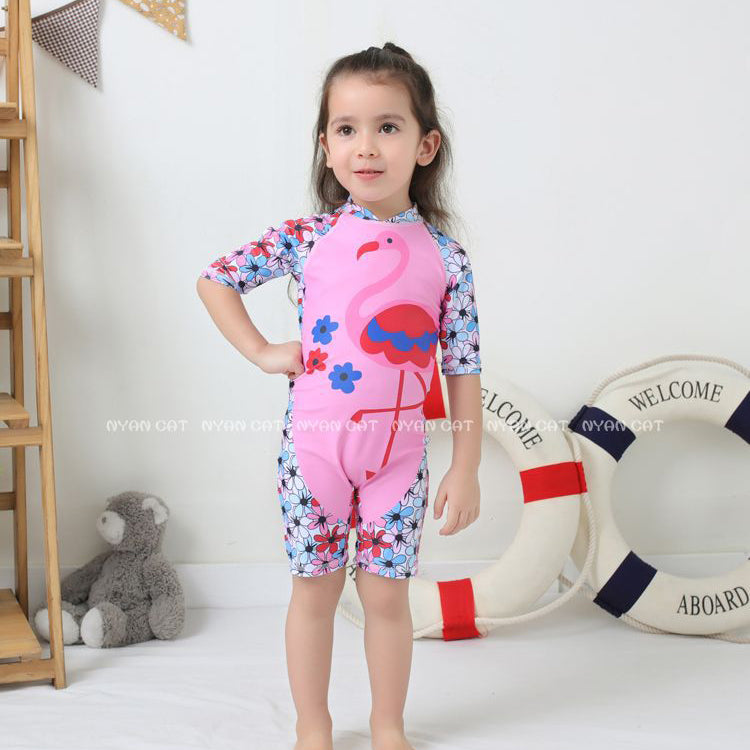Baby Kid Girls Flower Flamingo Print Beach Jumpsuits Swimwears Wholesale 22061690