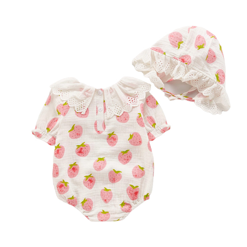 Baby Girls Fruit Print Rompers Accessories Hats Wholesale 220620124