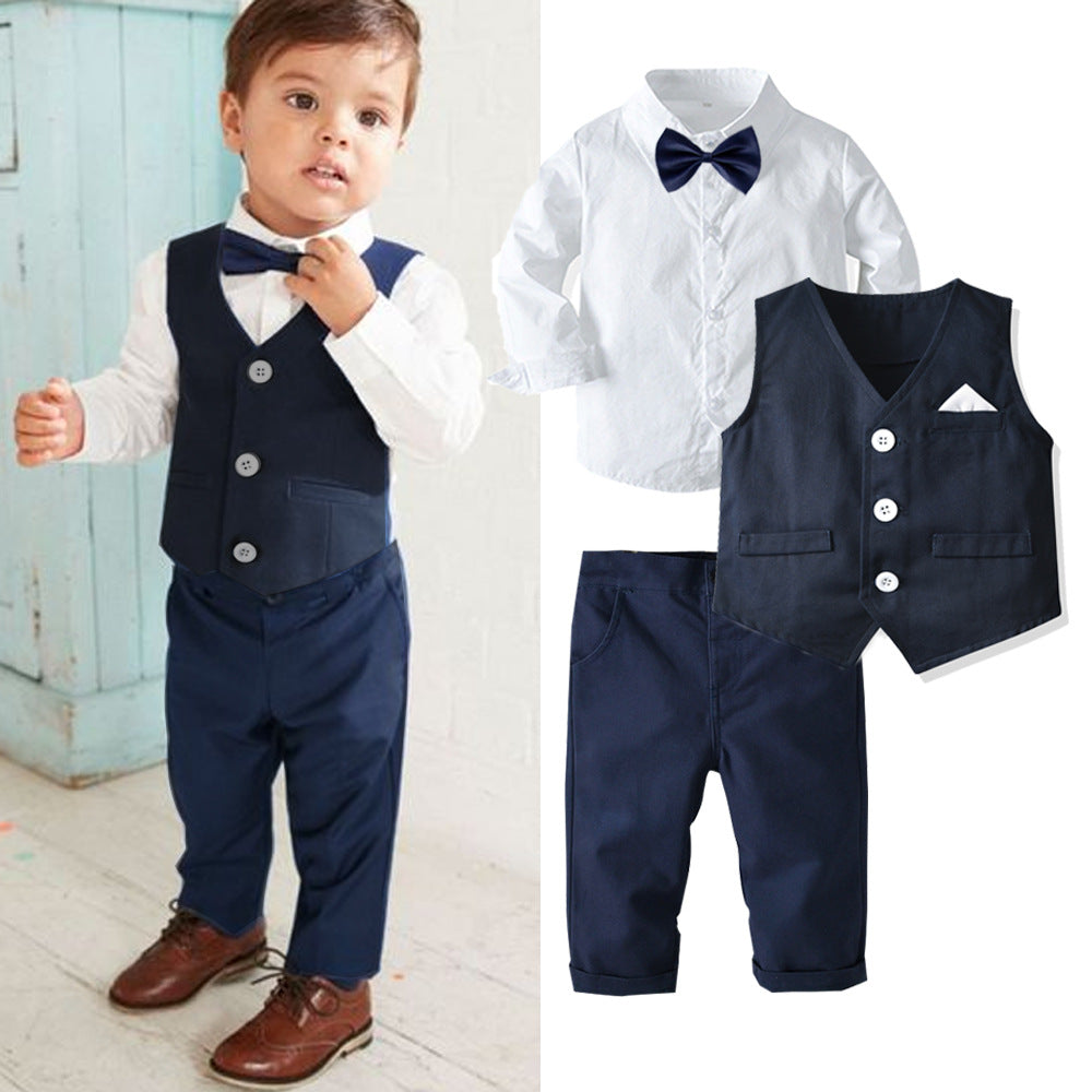 3 Pieces Set Baby Kid Boys Dressy Solid Color Bow Shirts Pants And Color-blocking Vests Waistcoats Wholesale 220620174