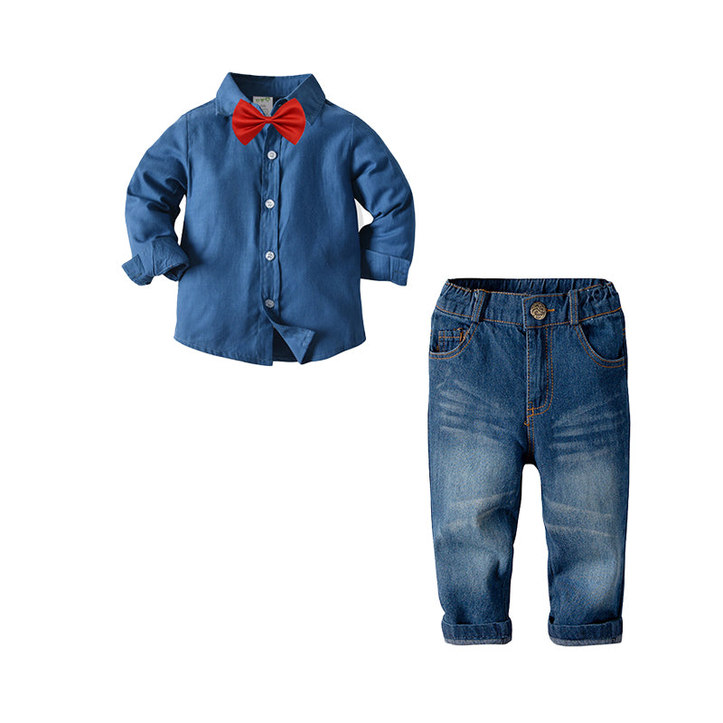 2 Pieces Set Baby Kid Boys Solid Color Bow Shirts And Pants Jeans Wholesale 220620181