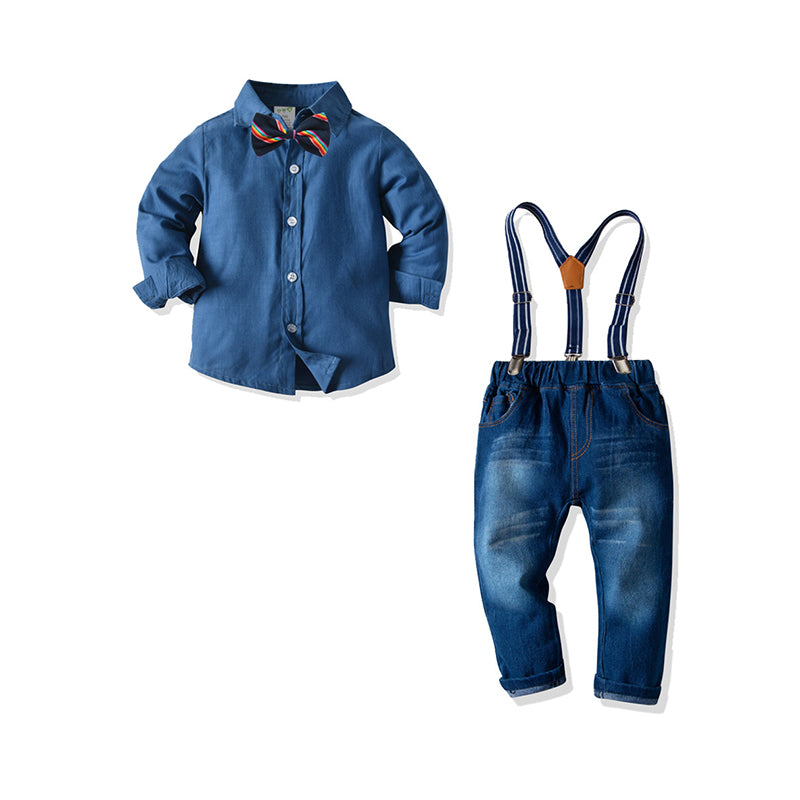 2 Pieces Set Baby Kid Boys Solid Color Bow Shirts And Pants Jeans Wholesale 220620185