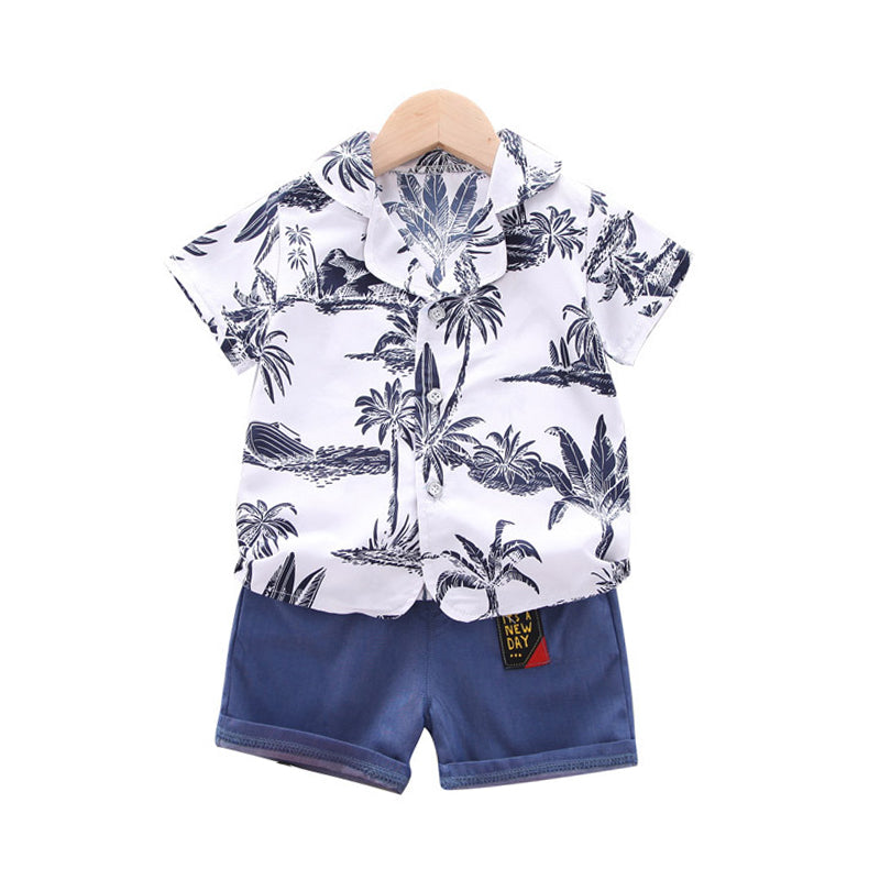 2 Pieces Set Baby Kid Boys Flower Plant Print Tops And Solid Color Shorts Wholesale 220620213