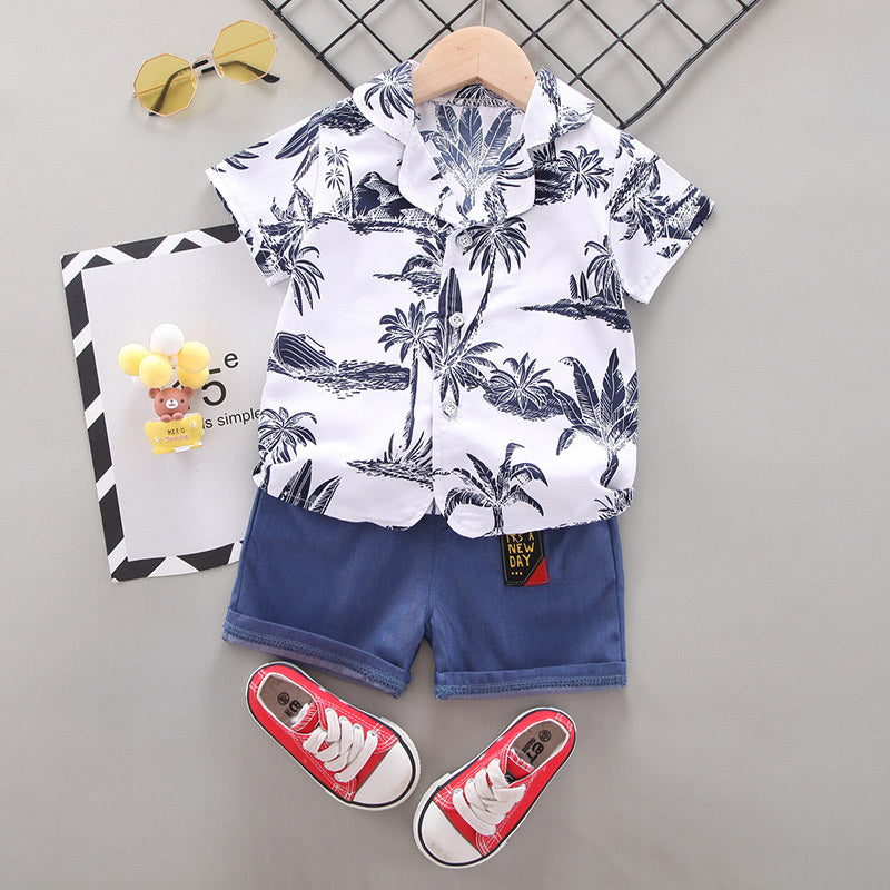 2 Pieces Set Baby Kid Boys Flower Plant Print Tops And Solid Color Shorts Wholesale 220620213