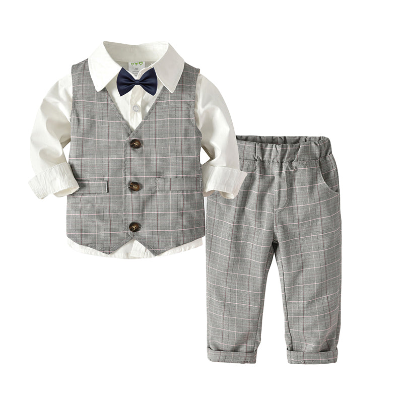 3 Pieces Set Baby Kid Boys Birthday Party Solid Color Bow Shirts Checked Vests Waistcoats And Pants Wholesale 22062025
