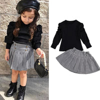 Load image into Gallery viewer, 2 Pieces Set Baby Kid Girls Solid Color Tops And Houndstooth Skirts Wholesale 220620254
