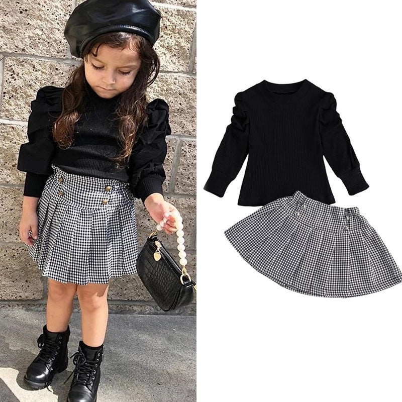 2 Pieces Set Baby Kid Girls Solid Color Tops And Houndstooth Skirts Wholesale 220620254